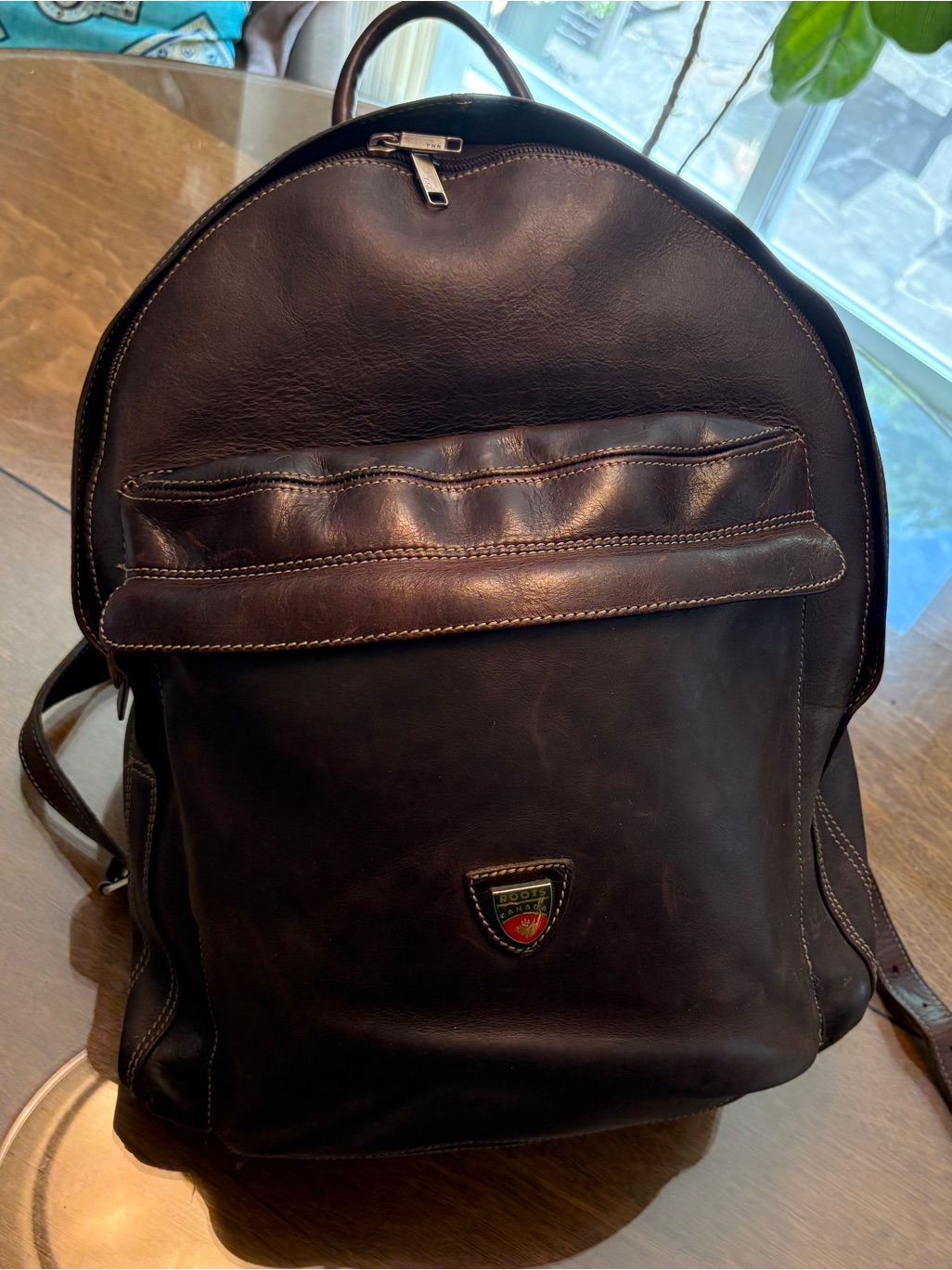 Vintage Large Roots Banff Dark Brown Leather Backpack